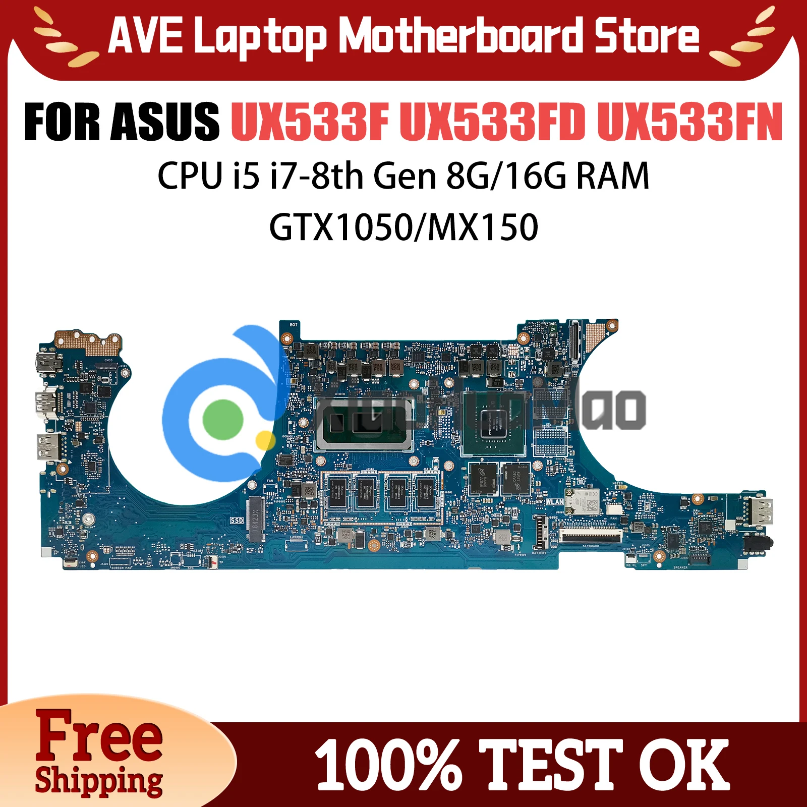 

Laptop Motherboard For ASUS ZenBook UX533FD RX533F UX533FN U5300F Computer Mainboard I5 I7 8th CPU GTX1050 MX150 8GB 16G RAM