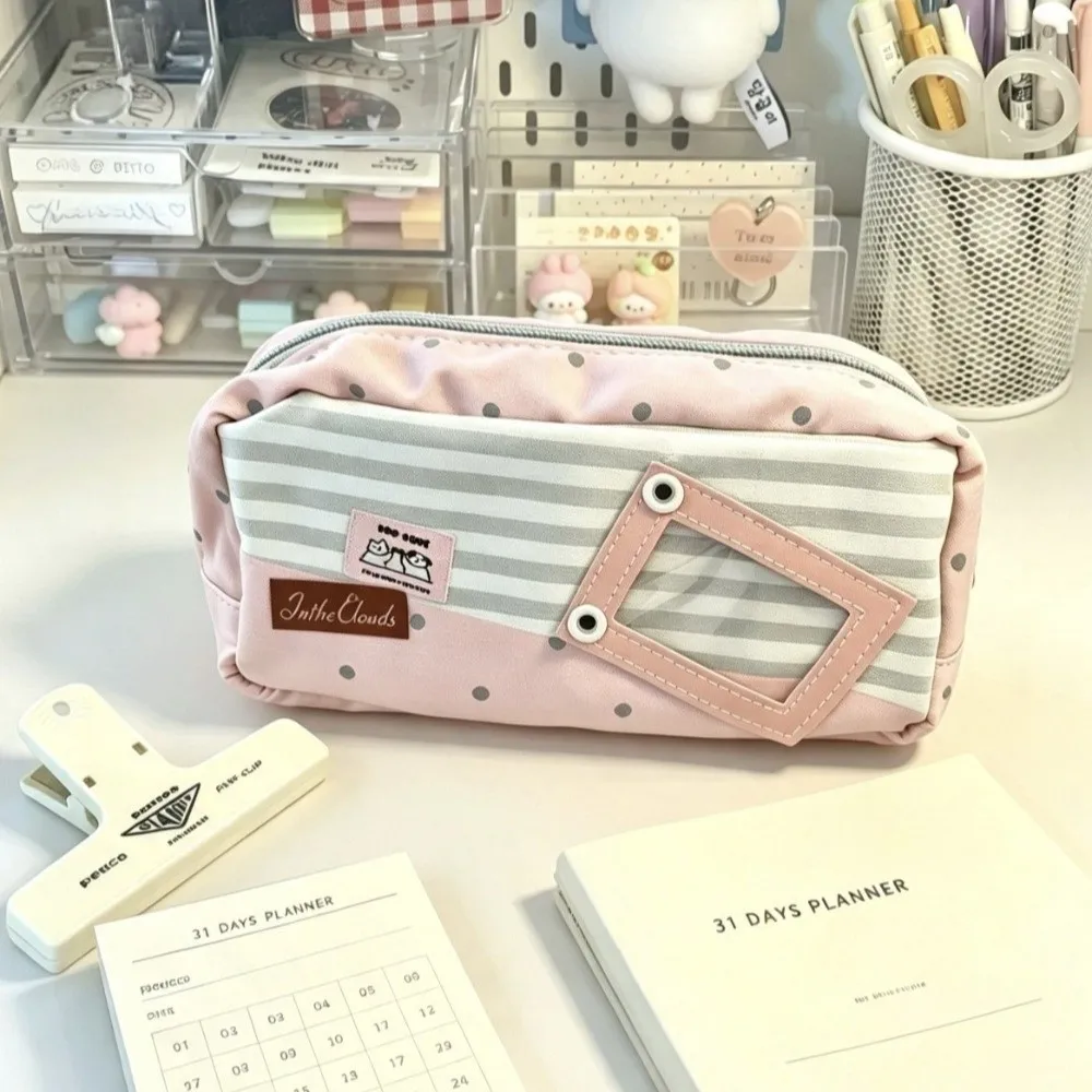 Large Capacity Pencil Case Canvas Material Macaron Color Stationery Bag Polka Dot Pattern Aesthetic Design Pen Pouch School Use