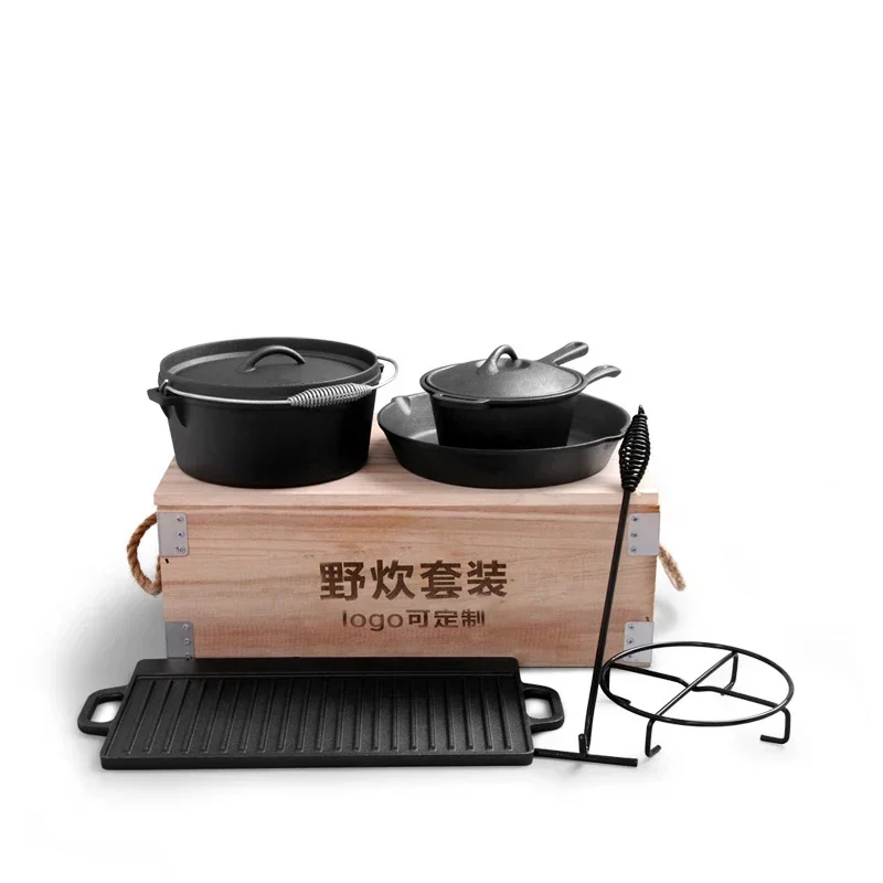 Cookware Set 7-piece Outdoor Picnic Camping Dutch Pot Uncoated Frying Pan 203 Baking Pan Cast Iron Cookware Set With Wooden Box