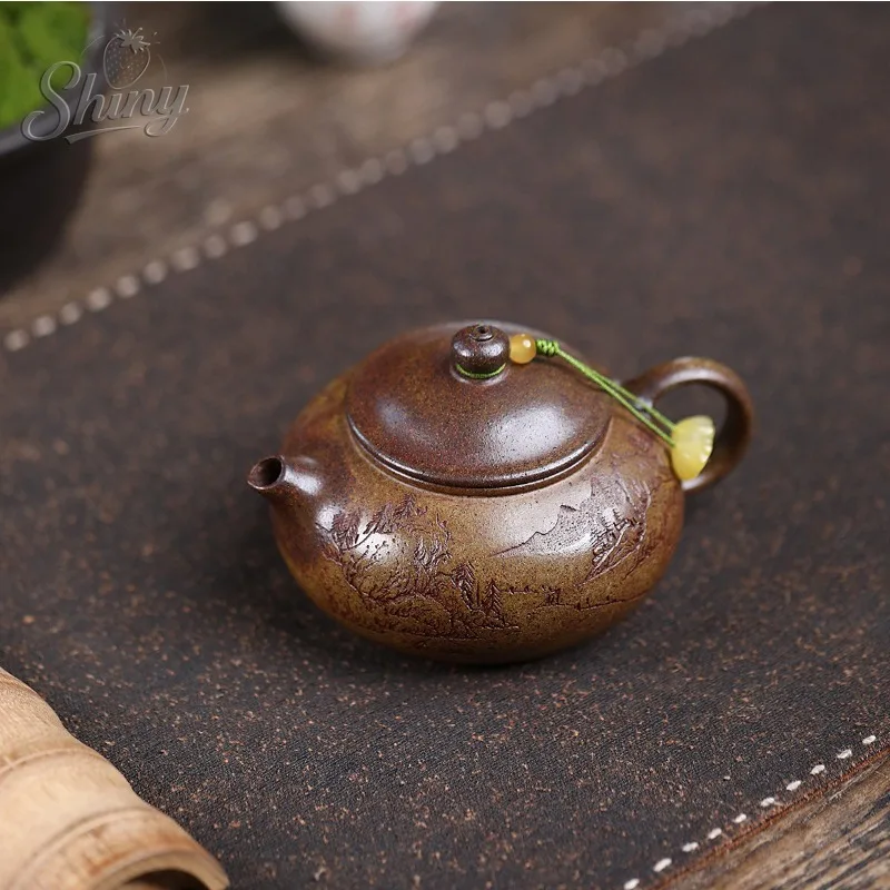 Yixing Zisha Teapot Artisan Handcrafted Raw Mineral Wood-Fired Agarwood Clay Miniature Cold River Tea Set