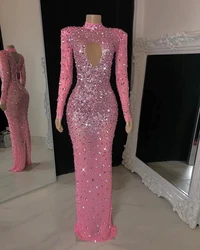 Luxury See Through Long Sleeves Black Girls Prom Dresses Mermaid Style Pink Beaded Crystals Prom Party Gowns Customized