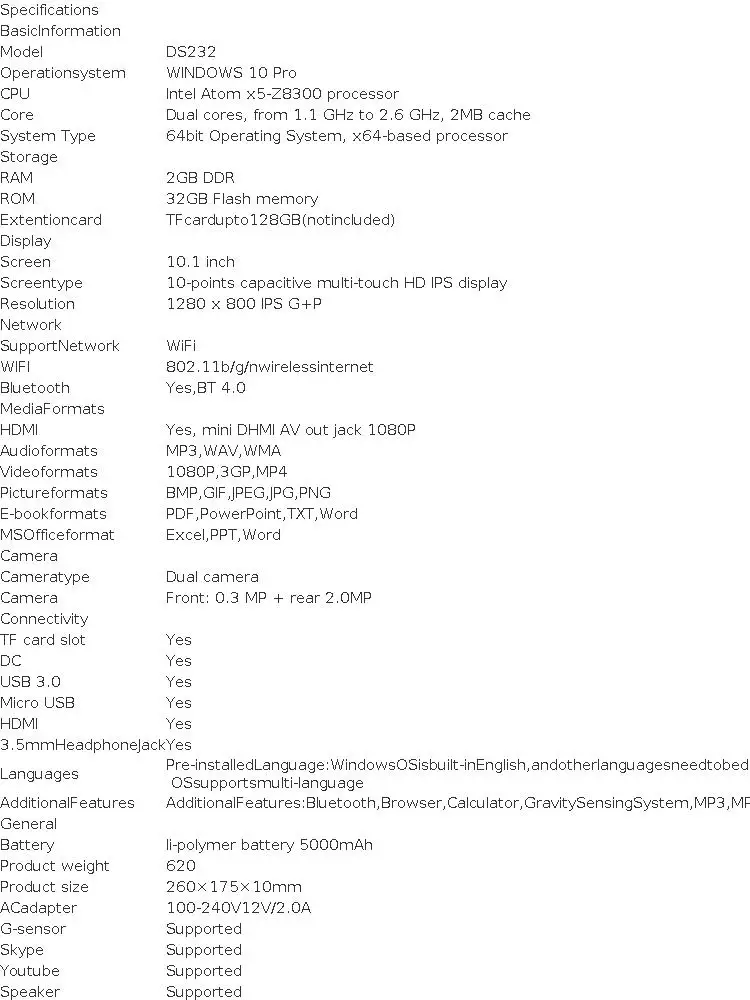 64Bits 10.1" Windows 10 Tablet PC Intel Z8350 Quad Core 2GB RAM 32GB ROM 1280x800 IPS Dual Camear WIFI Bluetooth-4.0