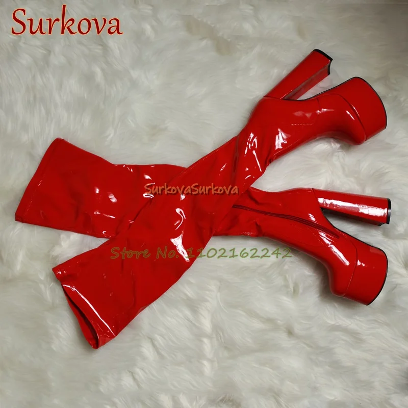 

Waterproof Patent Leather Over The Knee Boots Thick Heel Side Zipper Elastic Boots Sexy Red High Heel Large Size Women'S Boots