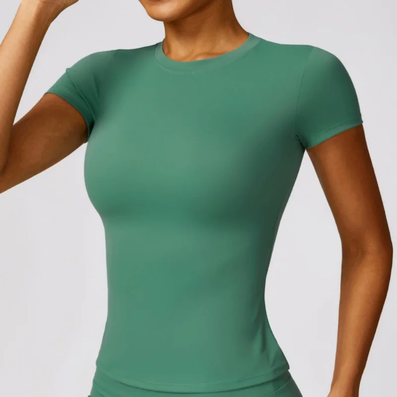 -Chemise femme séchage rapide Yoga entraînement en plein air course sport col rond serré minceur manches courtes coupe ajustée pantalon costume