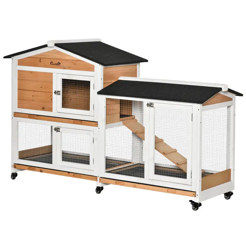 Clapier en bois pour lapins, petit enclos pour animaux, villa pour lapin sur roulettes, 2 étages, 3 plateaux coulissants, jaune