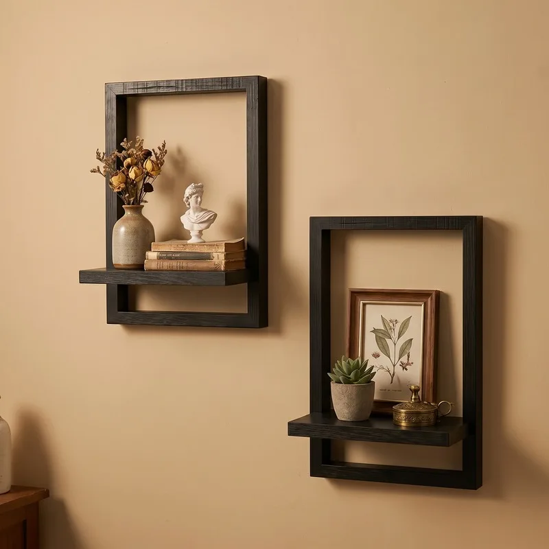 Vertical Rectangular Wooden Frame Wall Shelf for Hanging Plants Small Apartment Storage Display Rack Eco-Friendly Home Decor