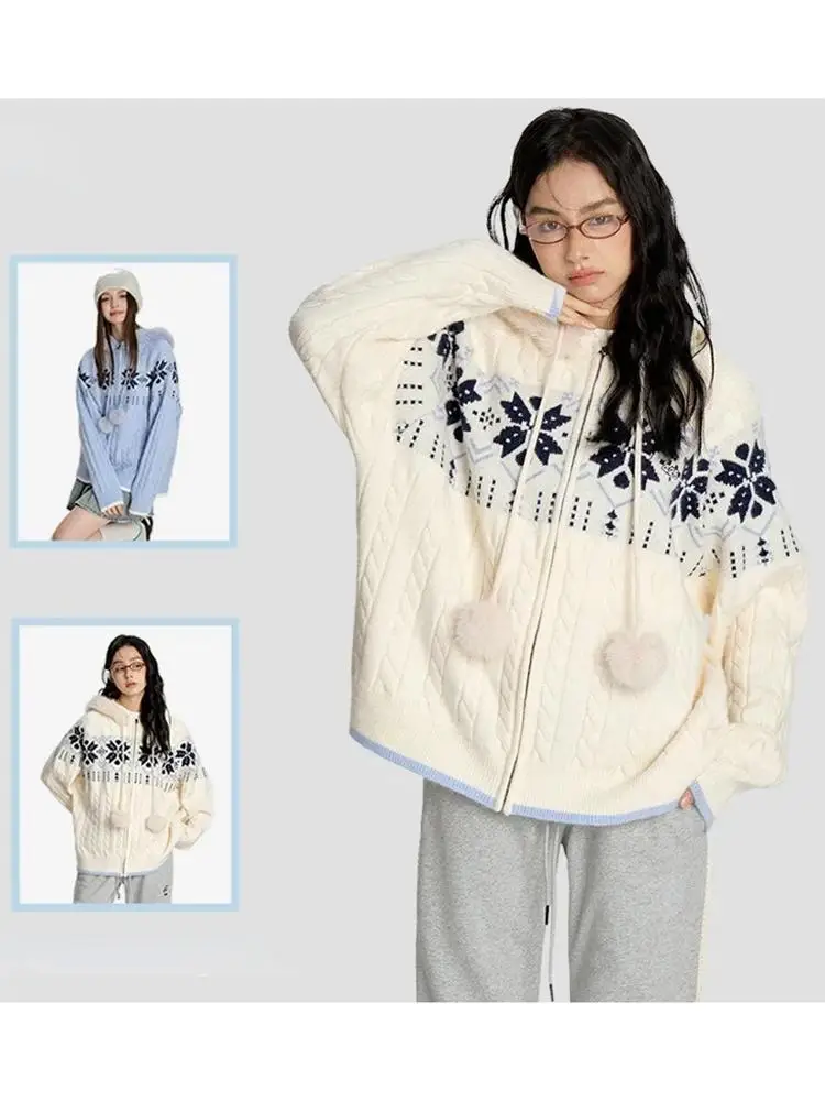 French Women Gentle Snow Flower Hooded Knitted Jacket Autumn Fashion Hip-Hop Loose Women's Long Sleeved Cardigan Sweater