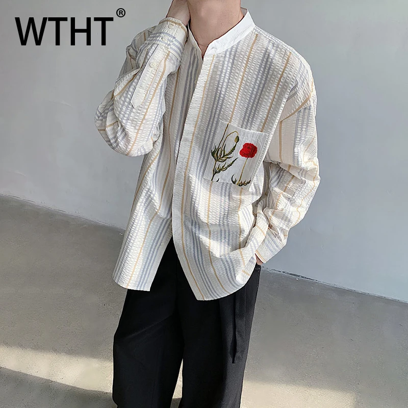 

WTHT Trendy Men's Loose Striped Print Contrast Color Shirts Fashion 2025 Autumn Long Sleeves Single-breasted Tops Male 2A1647