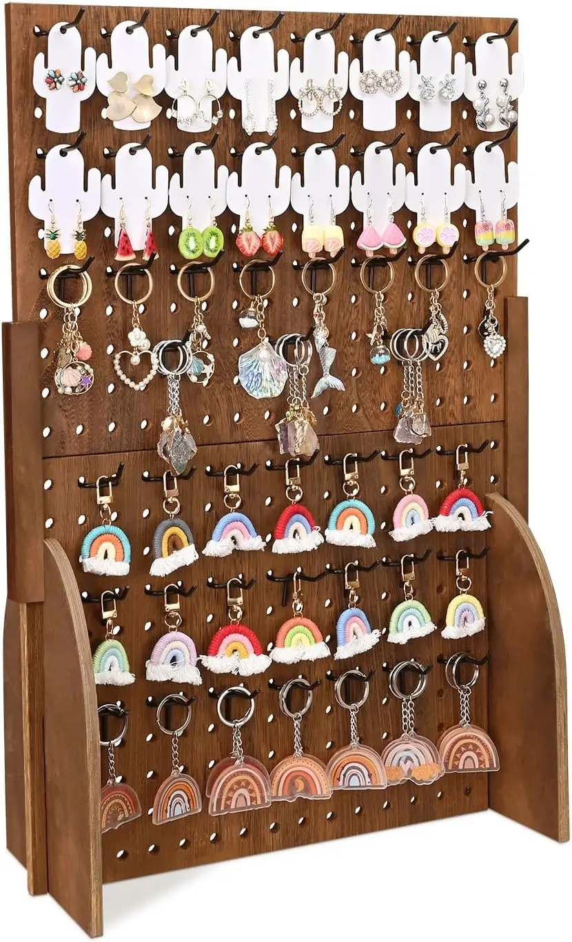 

Wood Standing Pegboard Jewelry Display With 48 Removable Peg Hooks and Accessory Organizer Screen Countertop