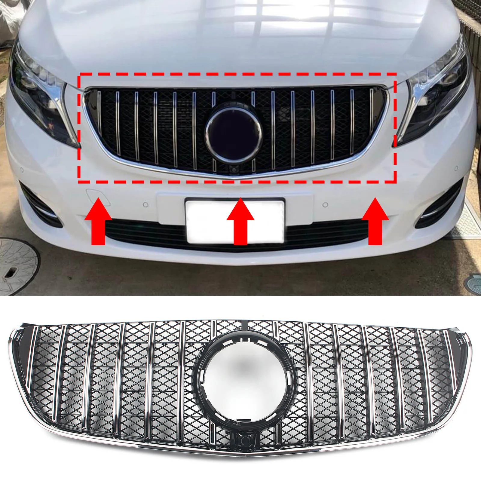 For Mercedes-Benz V Class W447 V220 V250 V260 V300 2016-2020 GT Style Car Front Bumper Grille Body Kit With Camera Hole