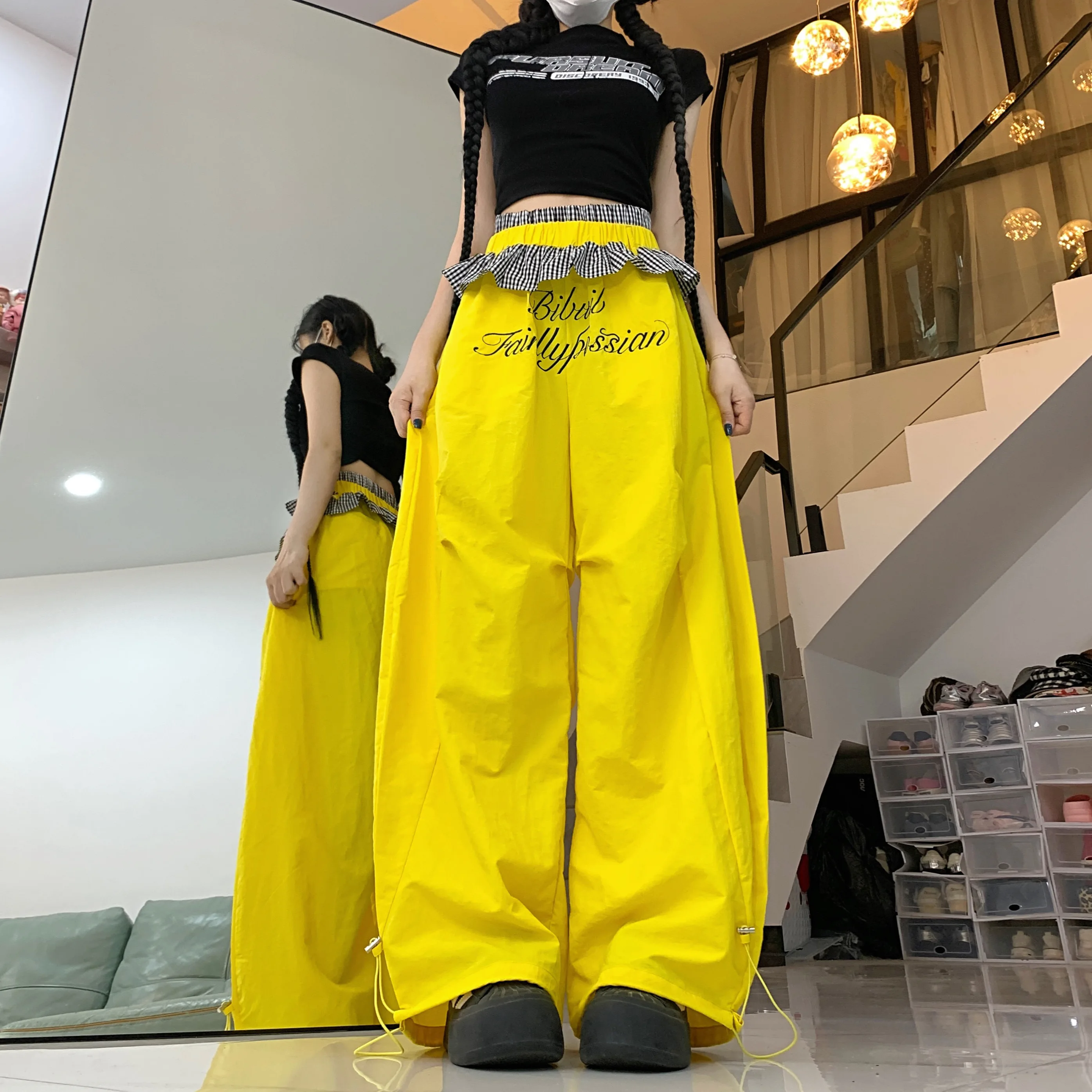 

Women's Yellow Checked Earrings Spliced ​​Letter Printed Pants Street Fashion Y2k American Elastic Waist New Casual Pants 2000s