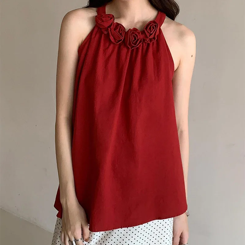 Women Camisole Irregular Collar Three-dimensional Flower Halter Design Sleeveless Breathable Comfortable Casual Versatile Top