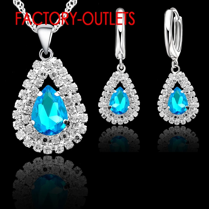 Hot Sale 925 Sterling Silver Bridal Jewelry Sets Austrian Crystal Water Drop Necklaces Hoop Earrings Women Party Engagement