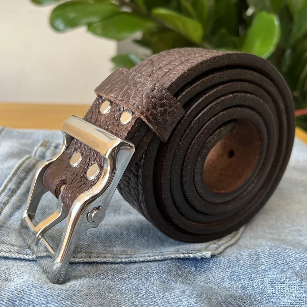 Handmade men\'s leather belt with thickened buffalo leather pattern copper buckle luxury belt