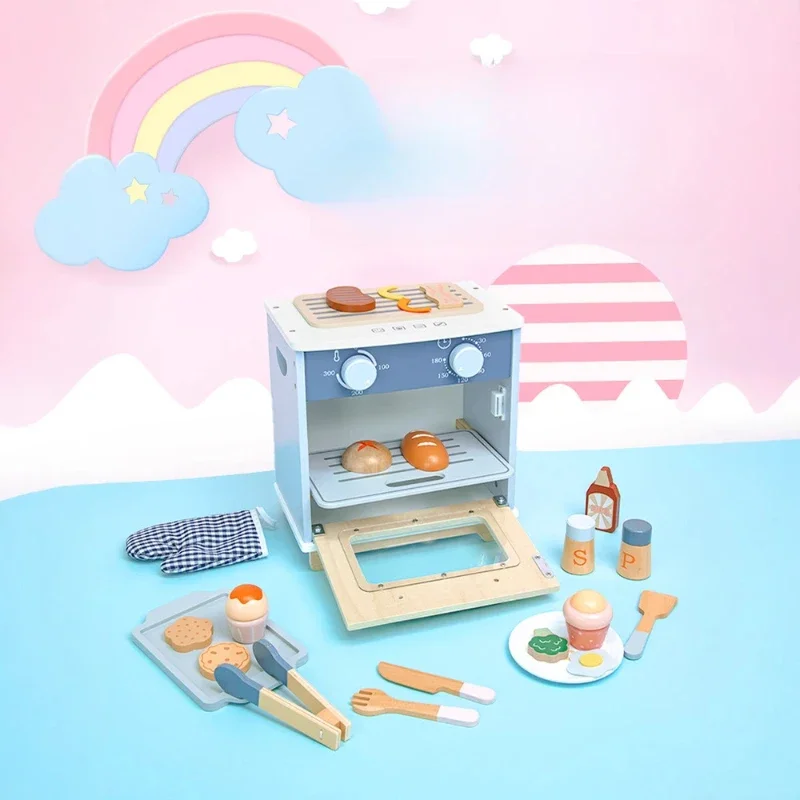 Wooden Puzzle Simulation Oven Kitchen Toys Miniature Food Dollhouse Accessories Montessori Creative Board Games Girls Toy Gift