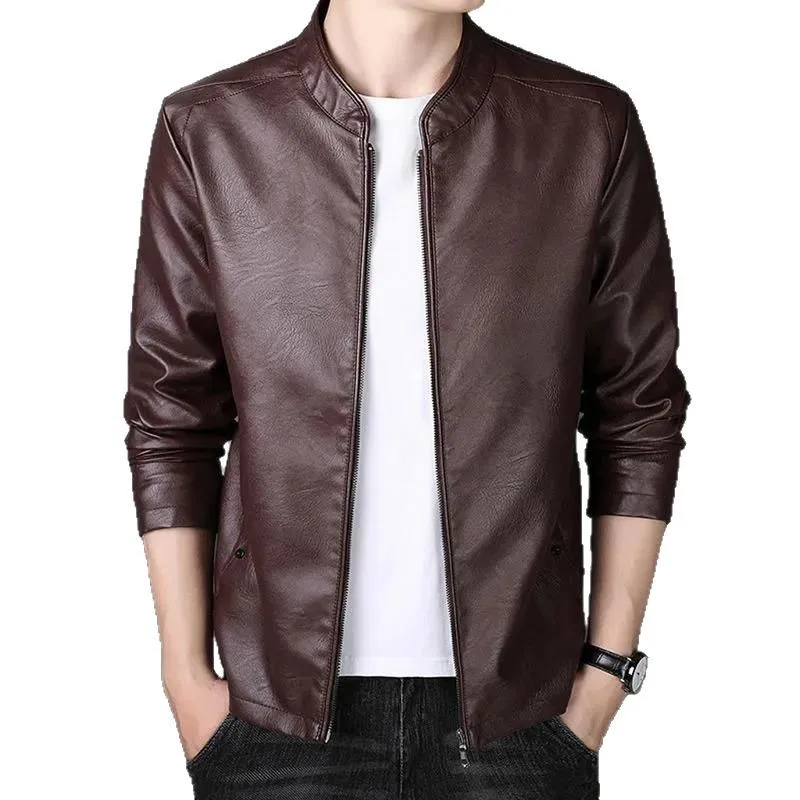 Men's Black Stand-up Collar Long-sleeve PU Jacket for Spring and Fall; Stylish Biker Coat, Available in Red or Brown.