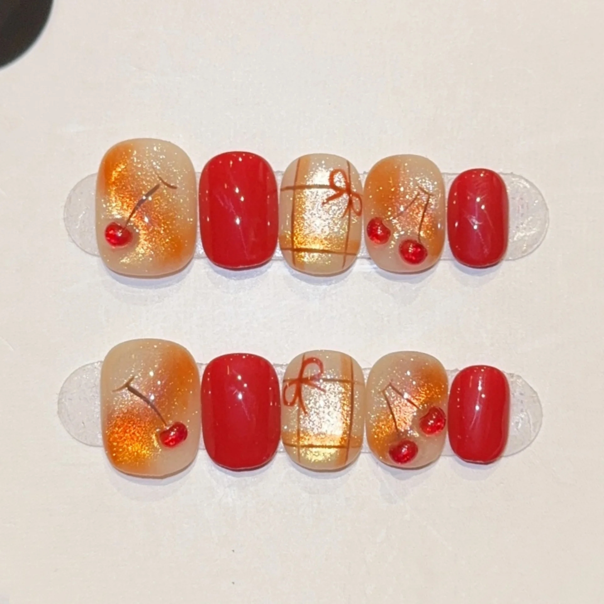 10 pièces à la main faux ongles pointe noël mignon rouge oeil de chat court carré rond presse sur ongles Art flocon de neige arbre conception faux ongles