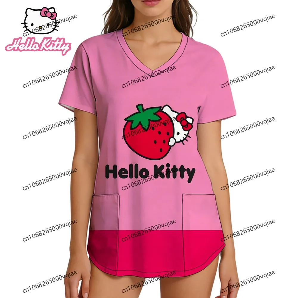 

2026 Summer New Hello Kitty T-shirt Anime Women's Nurse Uniform T-shirts Woman Clothes V Neck Cool Fashion Y2k S-2XL