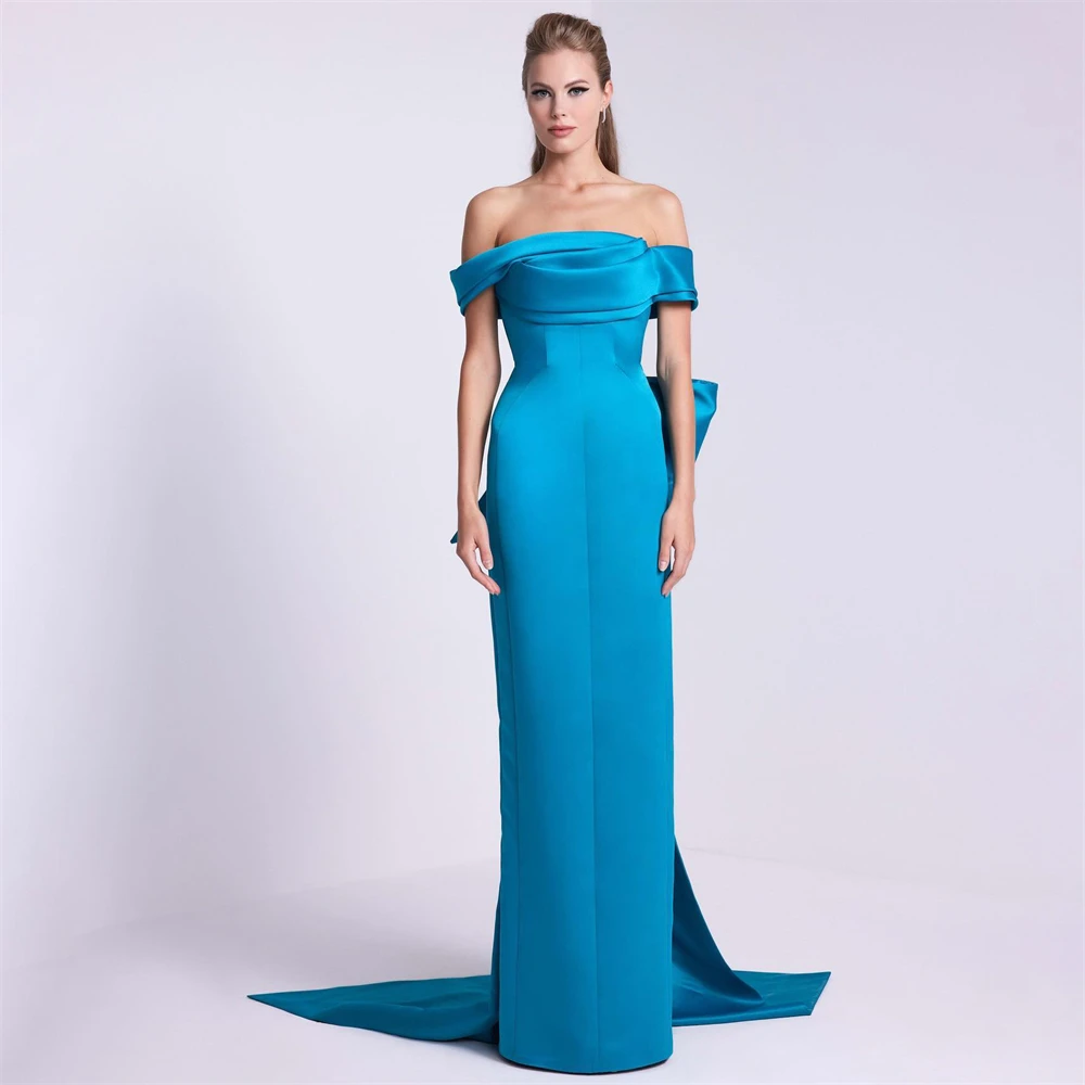 

Tarot Blue Off The Shoulder With Bow Saudi Prom Dresses Mermaid Satin Evening Gowns For Women Floor-Length Formal Party Dress