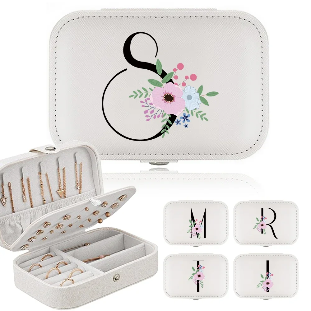 

Jewelry Box Earrings Storage Bag Desktop Drawer Necklace Ring Holder PU Leather Organizer Display Flower and Green Letters Theme