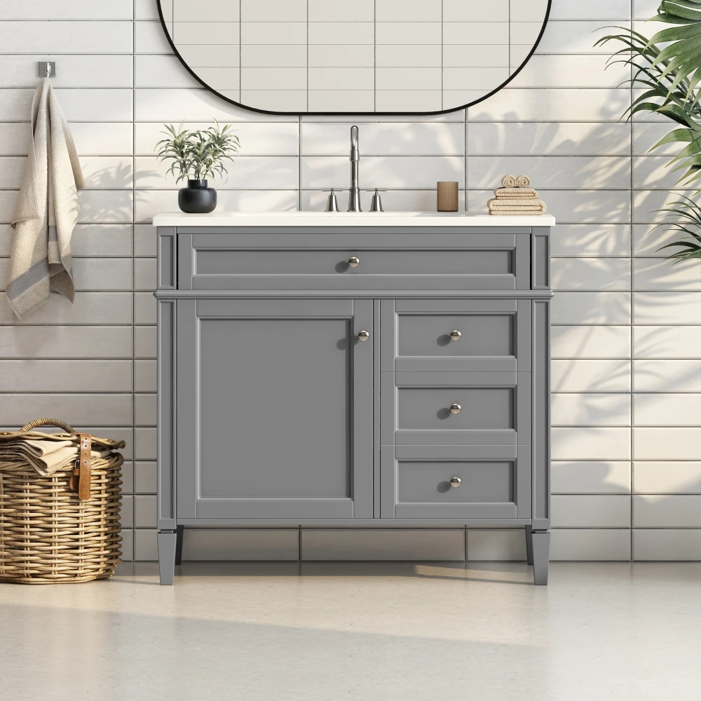 36'' Bathroom Vanity with Top Sink, Modern Bathroom Storage Cabinet with 2 Drawers and a Tip-out Drawer, Single Sink Bathroom