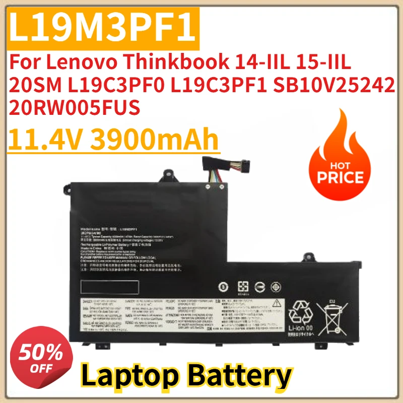 

New L19M3PF1 Laptop Battery 11.4V 3900mAh For Lenovo Thinkbook 14-IIL 15-IIL 20SM L19C3PF0 L19C3PF1 SB10V25242 20RW005FUS