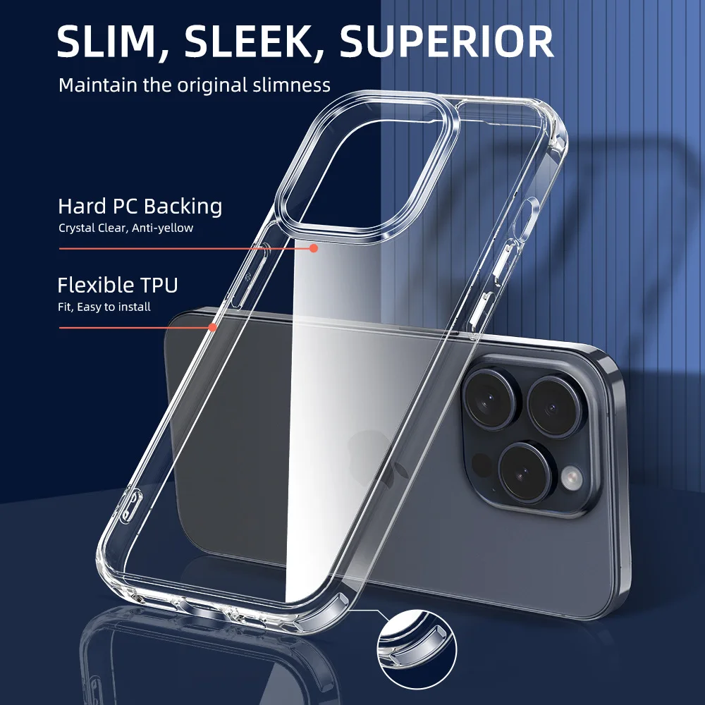 Ultra Thin High Transparent Hard PC Case For iPhone 16 15 14 13 12 11 Pro Max Slim Shockproof Bumper Phone Cover - náhled 2