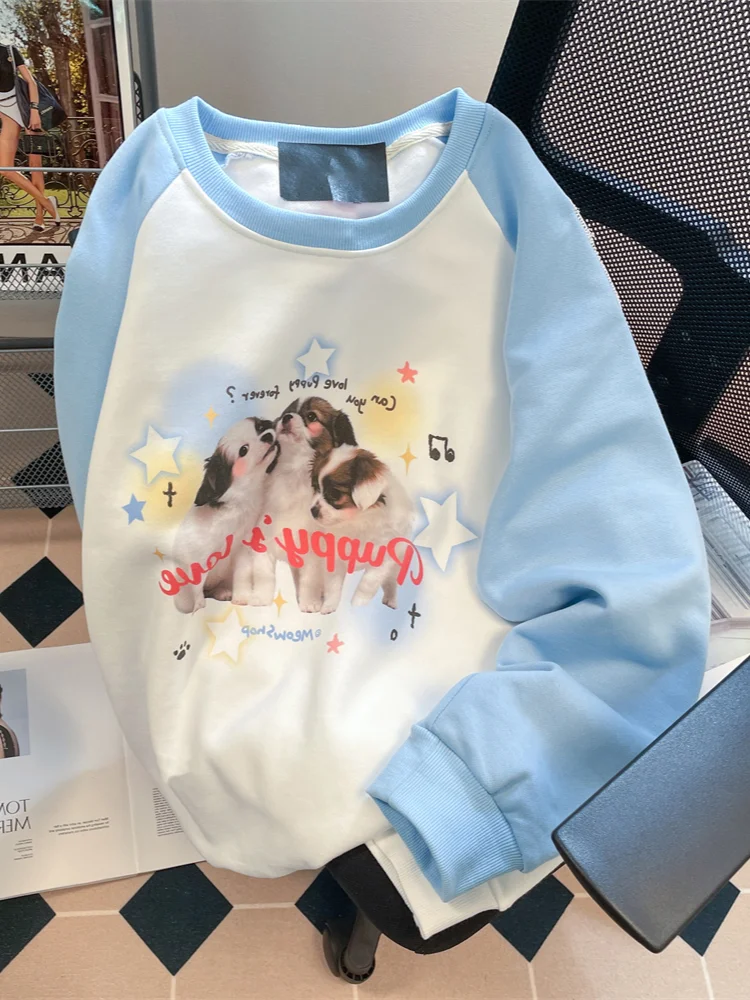 

Hikigawa Chic Fashion Women Vintage Kawaii Dogs Print Long Sleeve T-Shirt Sweatshirts Autumn Casual All Match Pullover Top Mujer