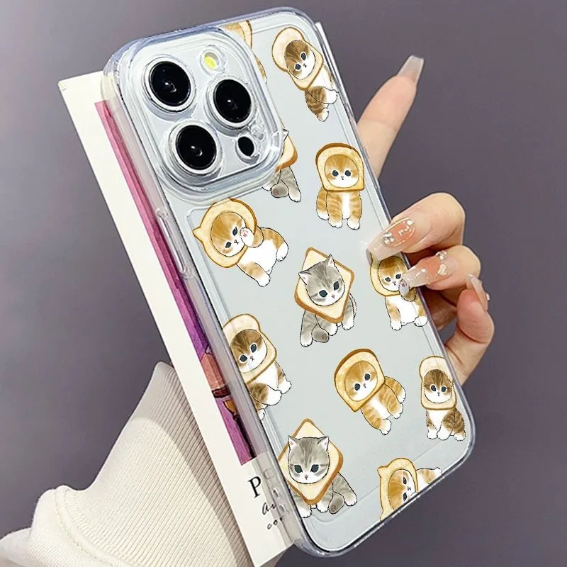 Una linda funda para teléfono espacial transparente con estampado de gato y pan, adecuada para teléfonos de la serie iPhone 17, 16, 15, Plus, Pro, Max: se puede utilizar como regalo