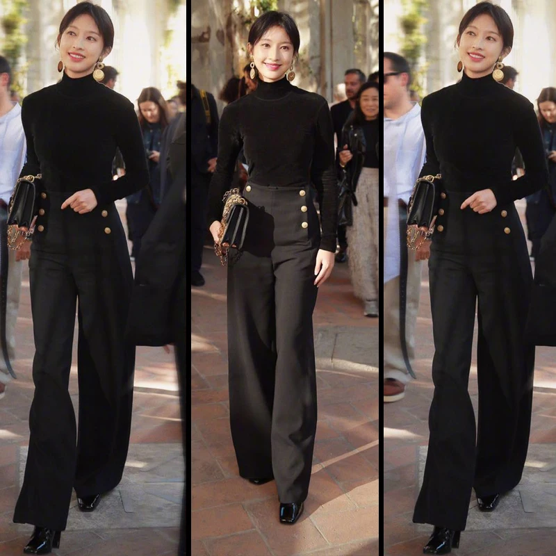 

Milan Fashion Week Street Style Zhang Li White Collar Retro Double Button Black Straight Leg Fashion Trousers Women's Pants
