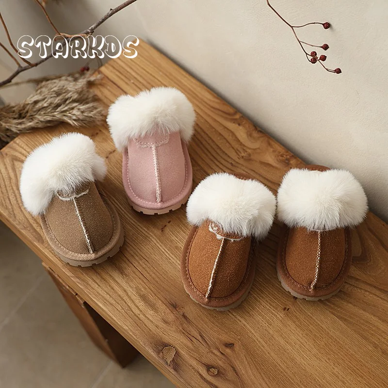 Brand Design Fur Slippers Toddler Kid Winter Elastic Band Plush Slide Sandals Boys Girls Thick Sole Slip-on Cotton Home Shoes