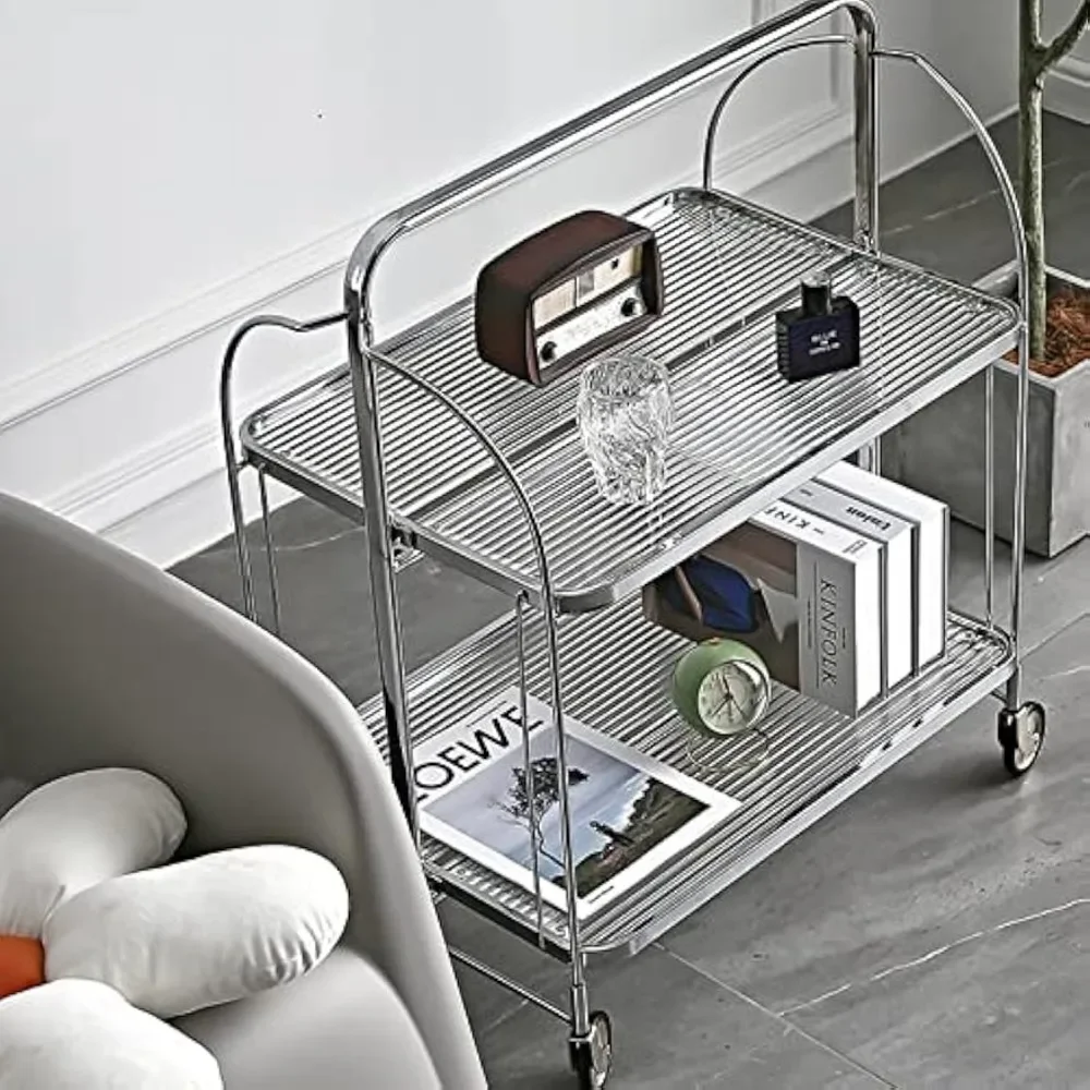 2-Tier Foldable Storage Serving Cart, Restaurant Rolling Serving Cart W/ Wheels for Bar Restaurant Dining Room Living Room
