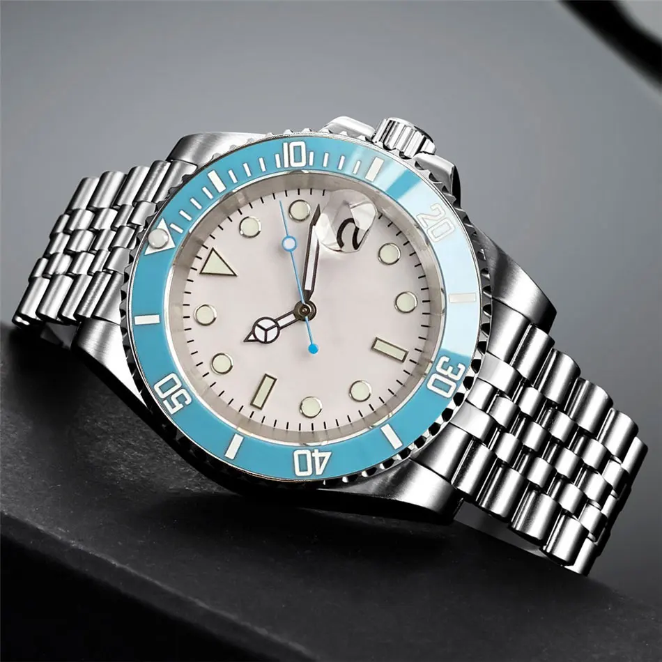 40mm Tandorio NH35 Auto Men 20ATM Dive Watch Sterile White Dial 120 Click Rotating Bezel Sapphire Crystal Transparent/Solid Back