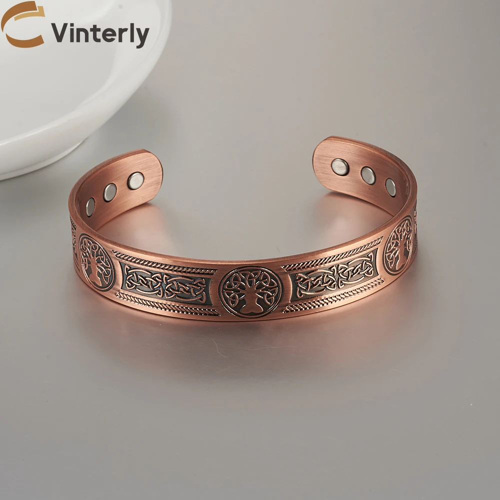 Yggdrasil Viking Pure Copper Bracelets Magnetic Adjustable Vintage Cuff Bangles 15mm Health Energy High Magnet Jewelry Resizable