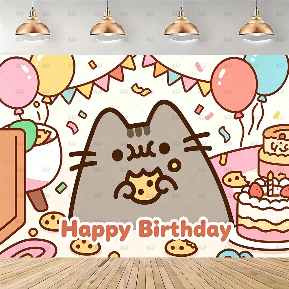 Niedliche Katzen-Geburtstagsparty-Dekoration Hintergrund-Zubehör Ballon-Set Tortendekoration Wimpelkette Kawaii P-Pusheening Geschenk-Requisiten – Detail 5
