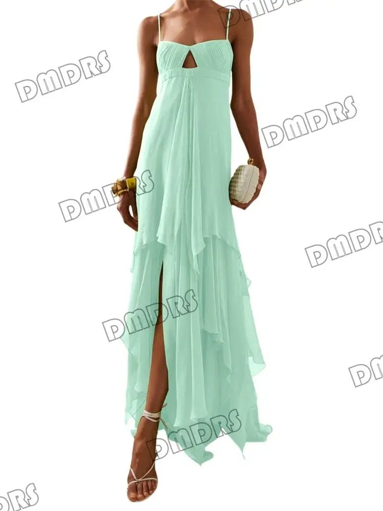 จีบชีฟองยาวชุดผู้หญิงสปาเก็ตตี้สายรัดสูงต่ํา Flowy ชุดอย่างเป็นทางการสําหรับค็อกเทล,ชุดราตรี,วันเกิด,พรหม