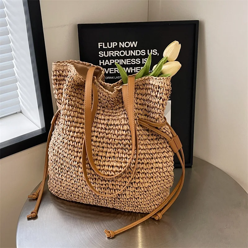 Casual Large Capacity Straw Woven Beach Bags Handmade Women Large Capacity Shoulder Bag Lady Summer Travel Handbags Shopper Tote