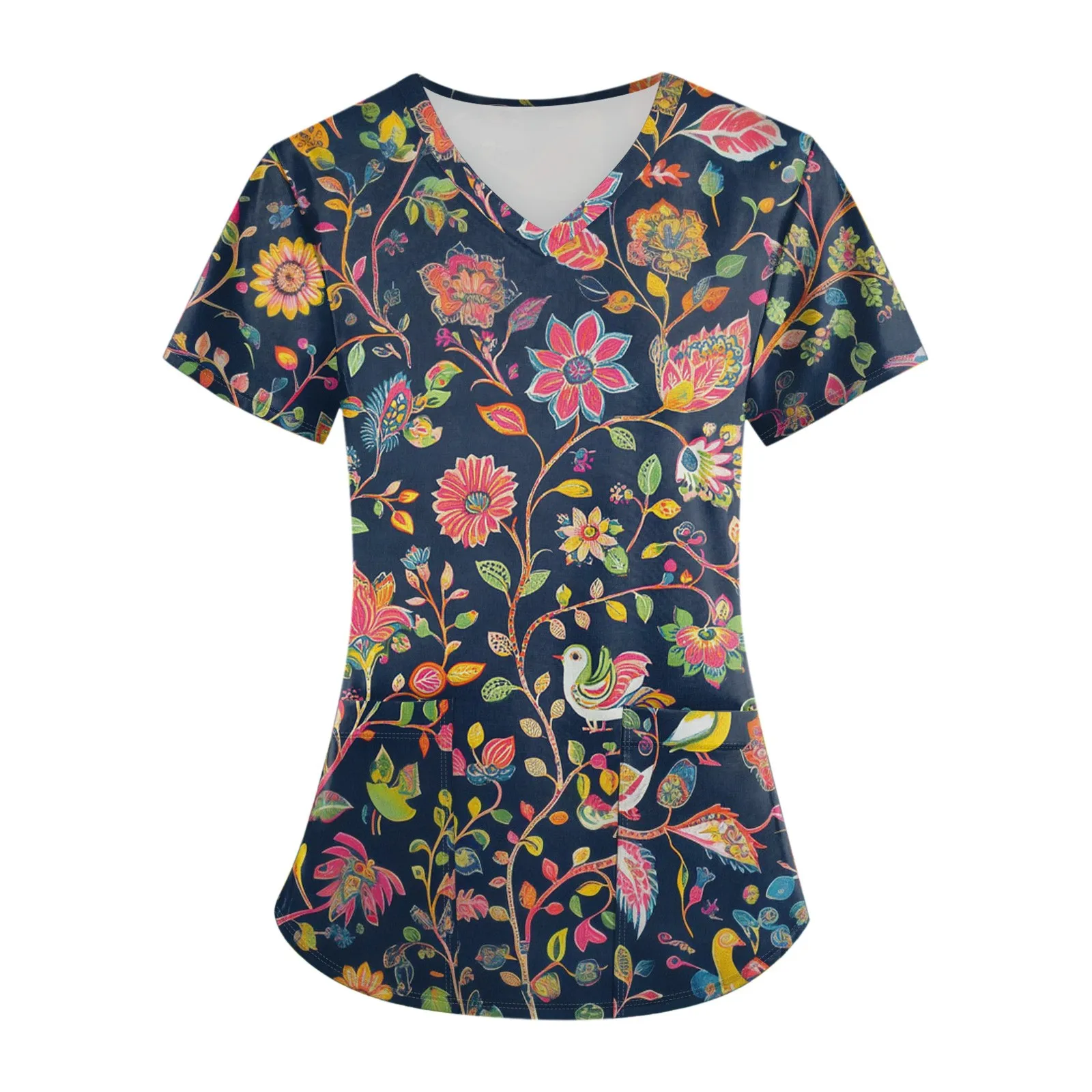 Damski strój pielęgniarski, krótki rękaw, zwierzęcy kwiatowy wzór, kieszeń, top i spodnie, odzież robocza, dwuczęściowy strój pielęgniarski.