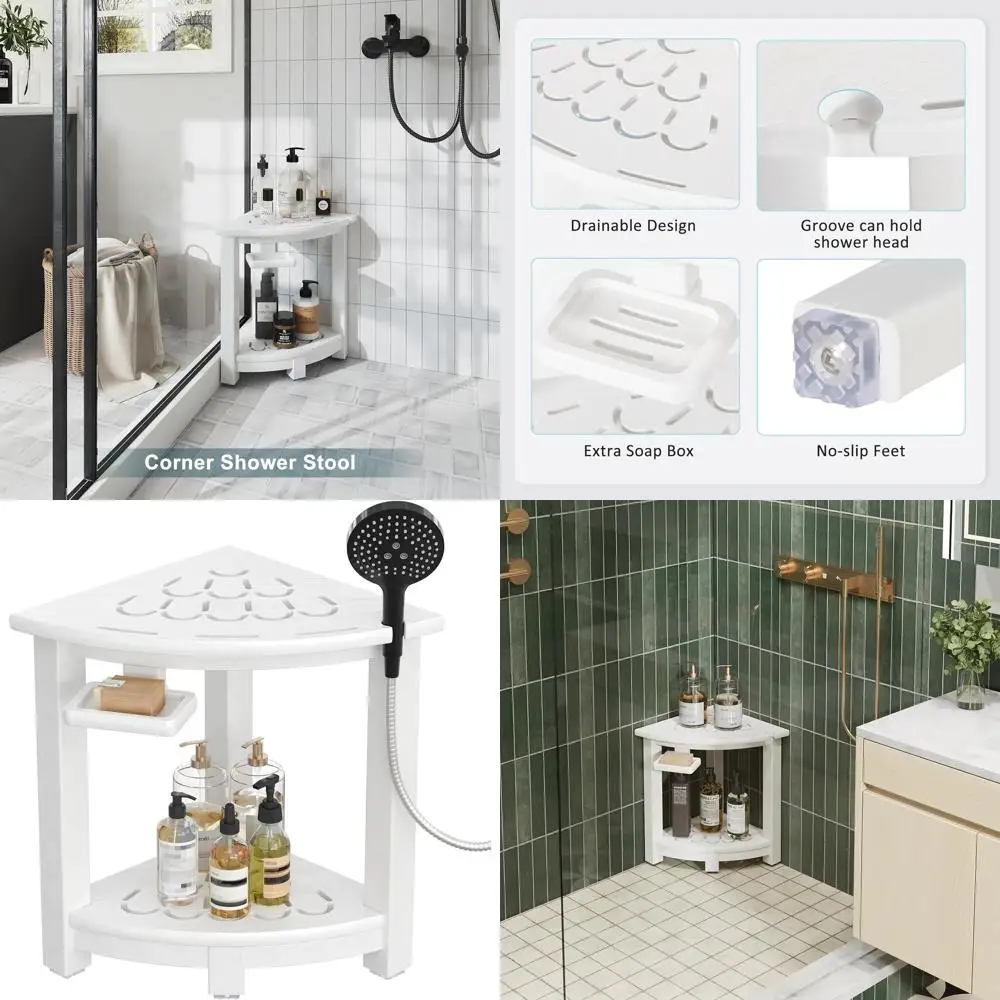 

White Non-Slip Shower Stool with Storage Shelf, Soap Holder and Leg Rest