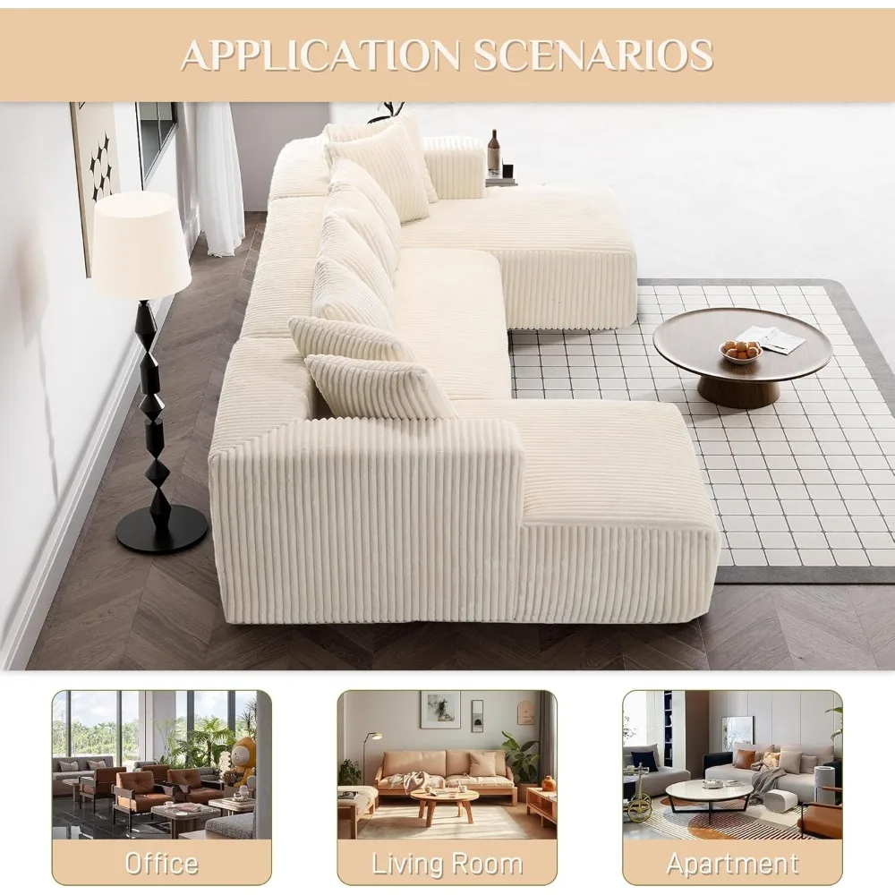 131 Inch Modular Combination Sofa, Comfortable Corduroy Combination Sofa with Double Lounge Chairs