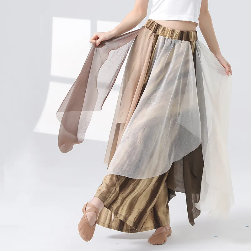 Loose Wide Leg Skirt Pant Women Classical Modern Dance Culottes Flowy Print Layers Training Show Wear Stage Performance Costume