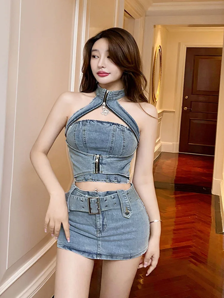 2023 New Collection Sleeveless Halter Slim Tank Top High Waisted Denim Short Skirt Two Piece Set Outfits