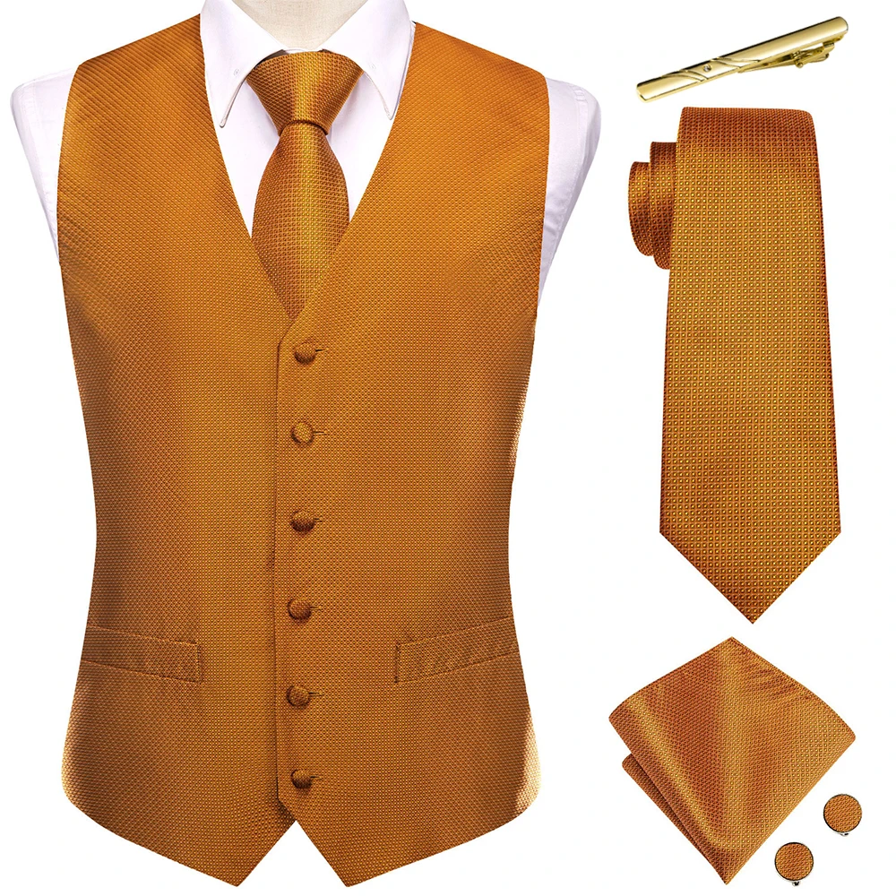 

Novelty Brown Silk Vest for Men V-Neck Sleeveless Waistcoat Jacket Necktie Hanky Cufflinks Wedding Business Designer Gift Hi-Tie