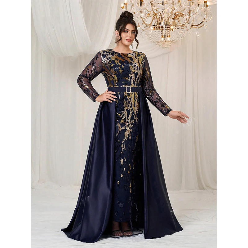 Sukienki wieczorowe damskie z długim rękawem, dekoltem typu O, cekinami, odpinanym płaszczem, eleganckie sukienki koktajlowe, na studniówkę, na formalne okazje.