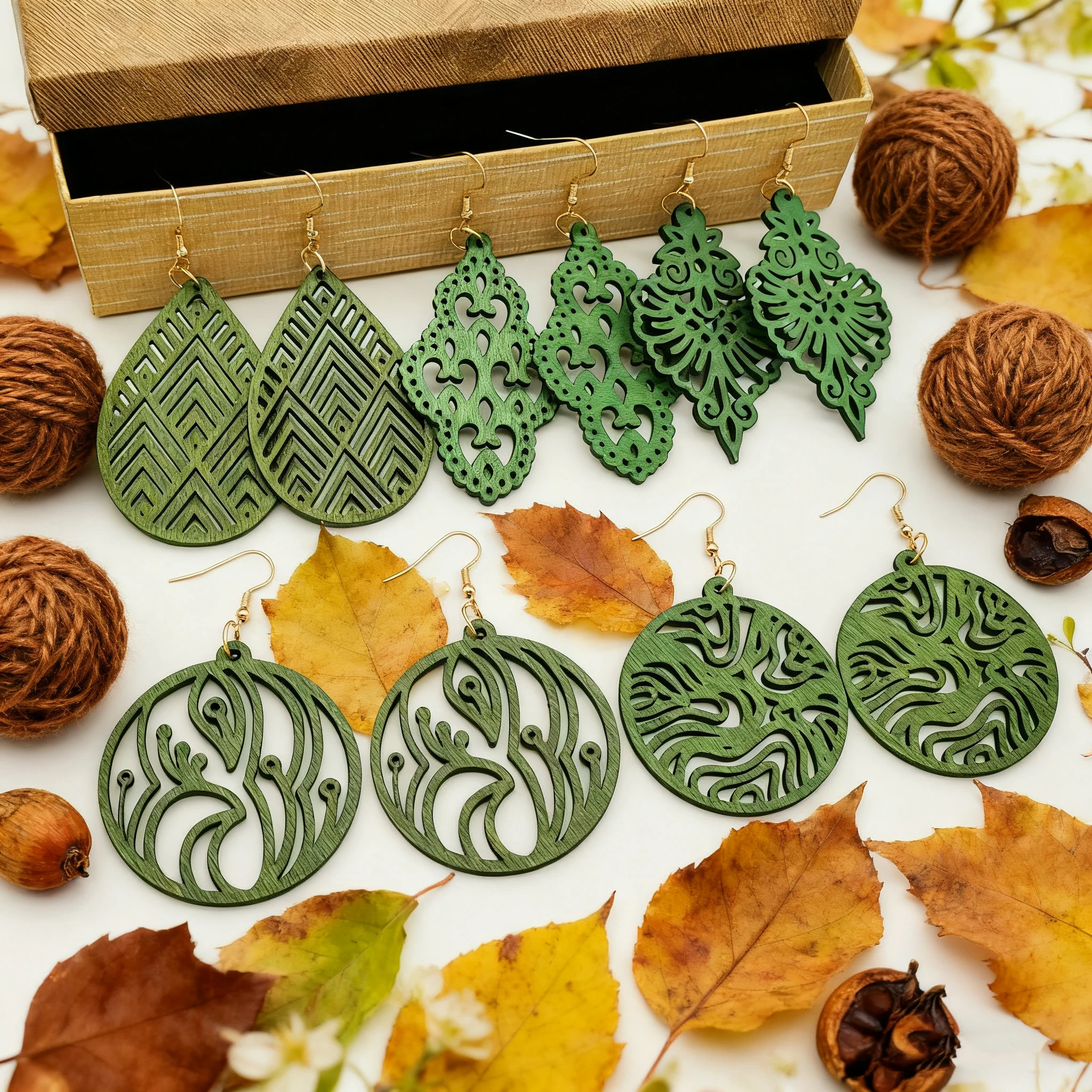 5 Pairs of Autumn Forest-Themed Hollow Green Wood Ear Ring Sets with Geometric Design, Fashionable Earrings for Girls, Sui