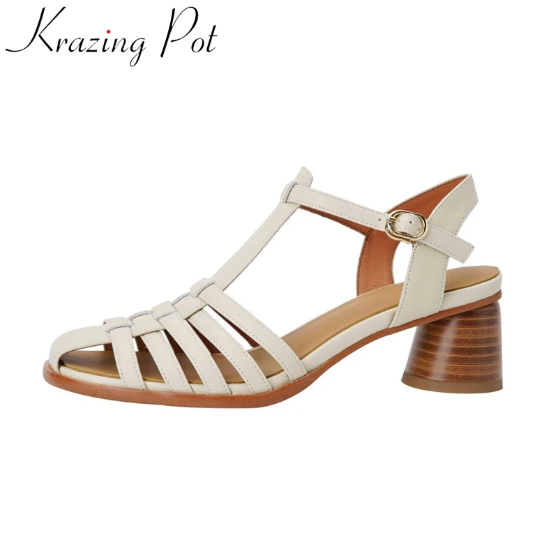 

Krazing Pot Full Grain Leather Round Toe High Heel Hollow Out Buckle Strap Gladiator Retro Fashion Comfortable Women Sandals L08