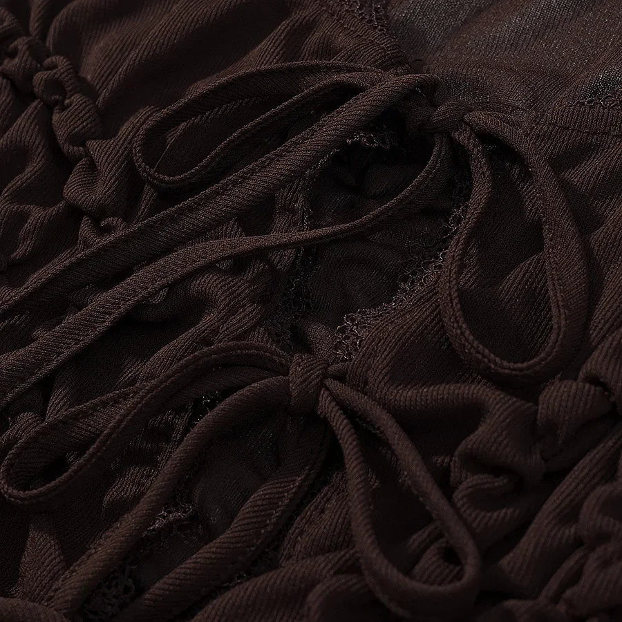 Letnia Elegancka Odzież Uliczna Plażowa Koszulka na Ramiączkach Seksowna Koronkowa Bluzka z Falbankami Damska Prześwitująca Przewiewna Bluzka na Ramiączkach z Dekoltem typu Slash Neck i Wycięciami