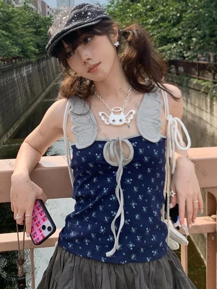 

Kawaii Retro Chic Flower Pattern Print Women's Sleeveless Camisole Top Street Cute Casual 2000s Fashion Y2K New Style Crop Tops