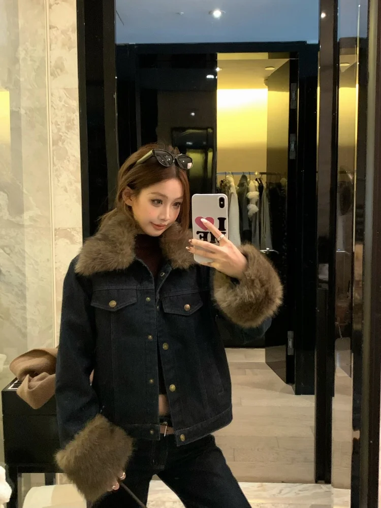 

Retro Plu Patchwork Denim Jaet Women's Loose Long Sve Collar Warm Top Autumn Winter New Sle Casual Faion Ladies' Coat