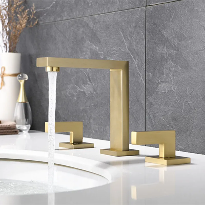 

Brush Gold Brass Widespread Basin Faucet Deck Mounted Double Handle Faucet Tap Basin Mixer Hot And Cold Water Mixer Tap